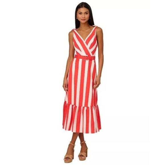 139$ Adrianna Papell Striped Wrap Midi Dress Sleeveless Womens Size 16 Red White